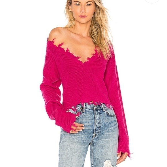Lovers + Friends Prospect Fray Hem Barbie Pink Fuchsia V neck Cropped Sweater - Picture 1 of 10